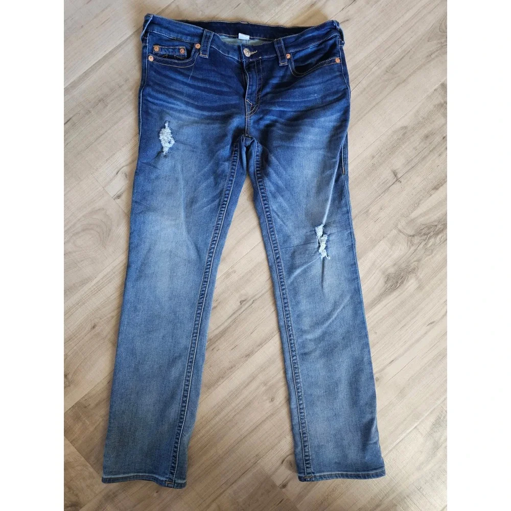True Religion Mens Slim Straight Distressed Blue Jeans Size 33 Medium Wash